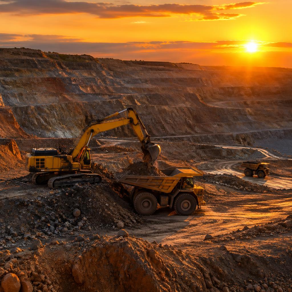 Open-pit mining operation at sunset